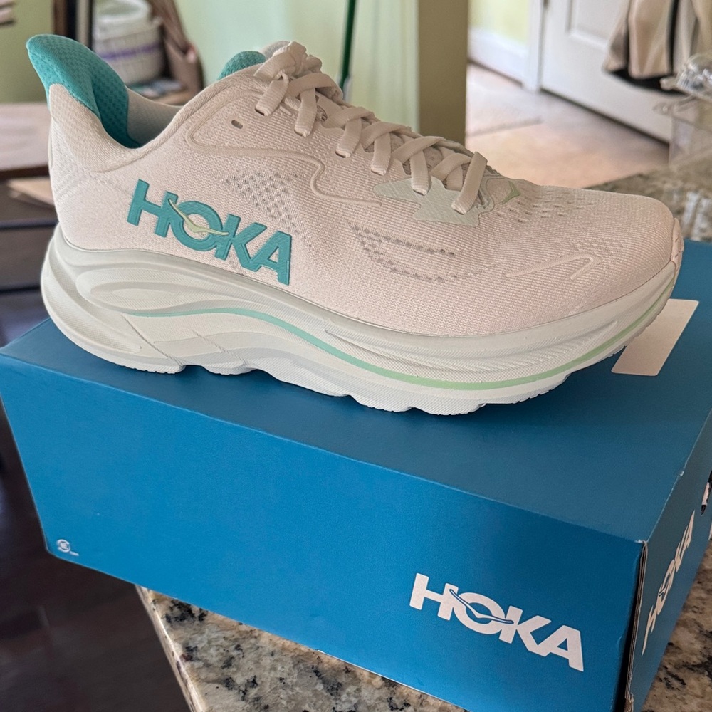Hoka Cream and Teal Clifton 19